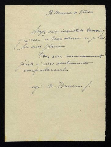 DUMAS (Alexandre fils), écrivain (1824-1895) : 1 copie de lettre.