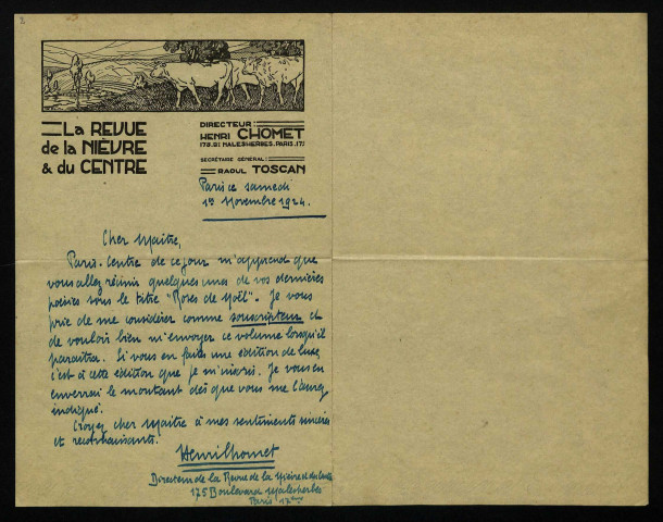 CHOMET (Henri), directeur de la Revue du Centre (1889-1940) : 3 lettres.