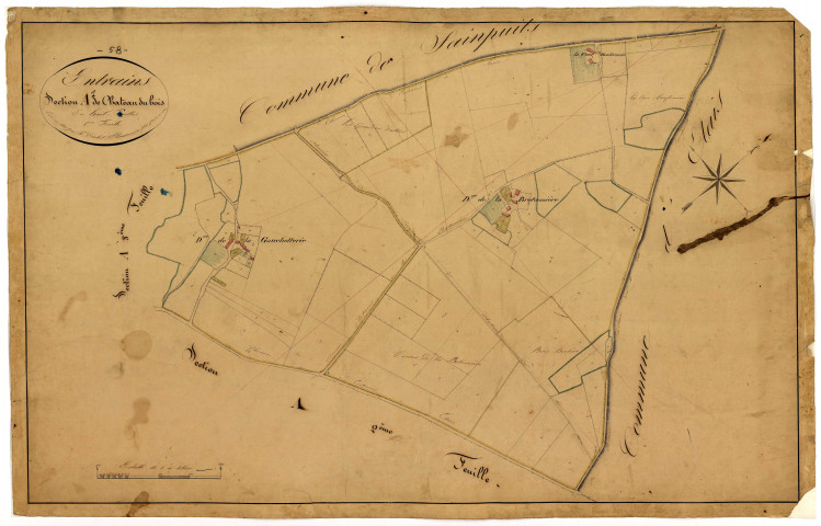 Entrains-sur-Nohain, cadastre ancien : plan parcellaire de la section A dite du Château du Bois, feuille 1