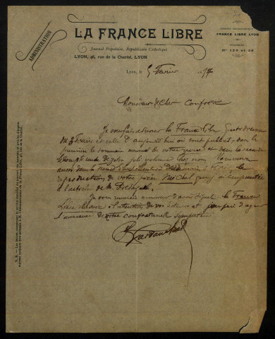 LARDANCHET (Henri), publiciste à La France Libre, à Lyon : 3 lettres.