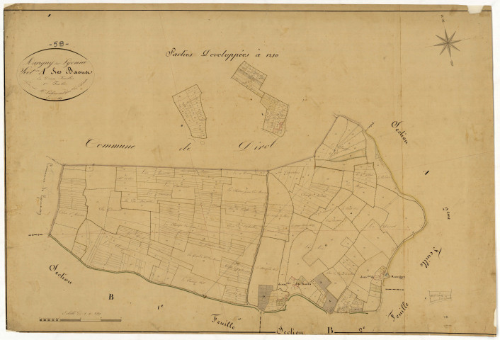 Marigny-sur-Yonne, cadastre ancien : plan parcellaire de la section A dite des Baons, feuille 1