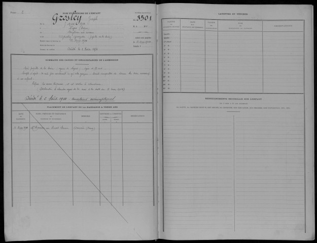 Enfants abandonnés, admission de 1914 à 1916 : registre matricule des n° 3500 à 3697.