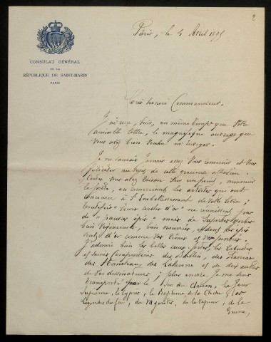 RÉAUX (Émile), consul général de Saint-Marin à Paris : 3 lettres.