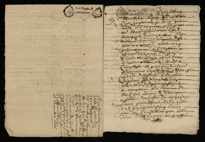 Biens et droits. - Rente hypothécaire Desprez vendue en janvier 1675 par le seigneur de Cougny (commune de Saint-Jean-aux-Amognes), amortissement : quittances Godin.