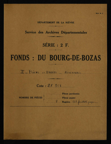 Terrier d'Imphy, établi par Petit, notaire royal, pour Antoine de La Grange, chevalier des ordres, seigneur d'Arquian et de Montigny, baron de Prye et d'Imphy, et Anne d'Ancienville, son épouse, avec table nominative.