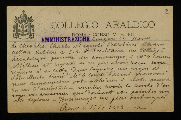 BERTINI (Charles Auguste), à Rome : 1 lettre.