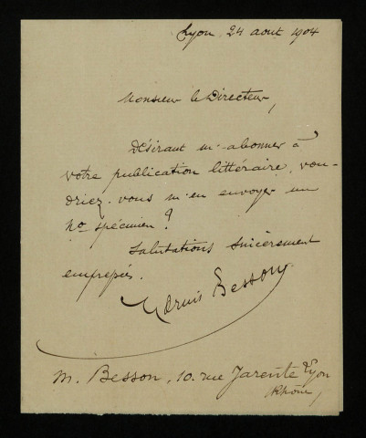 BESSON (Marius), à Lyon : 1 lettre.
