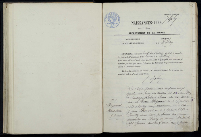 Millay : actes d'état civil.