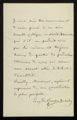 ROUSSY DE SALES (Eugène), membre de la Société Florimontane : 1 lettre.