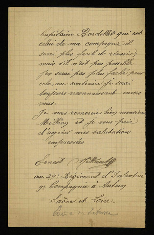 MITTAUD (Ernest), conscrit à Autun (Saône-et-Loire) : 1 lettre.