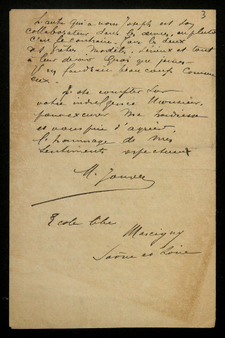 JOUVET, directeur d'école privée à Marcigny (Saône-et-Loire) : 1 lettre, 1 carte postale illustrée, 1 télégramme.