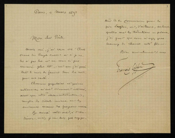 COPPÉE (François), poète, membre de l'Académie Française (1842-1908) : 3 lettres.