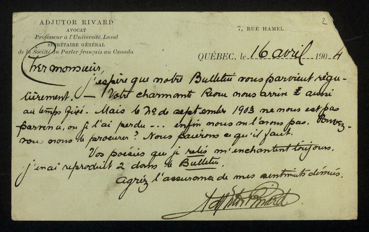 RIVARD (Adjutor), poète québecois (1868-1945) : 5 lettres, 1 carte postale illustrée, manuscrit.