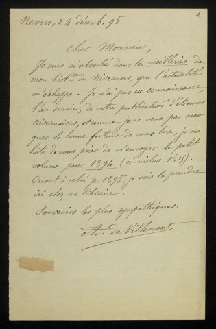 VILLENAUT (Adolphe de Mullot de), historien (1837-1898) : 5 lettres.