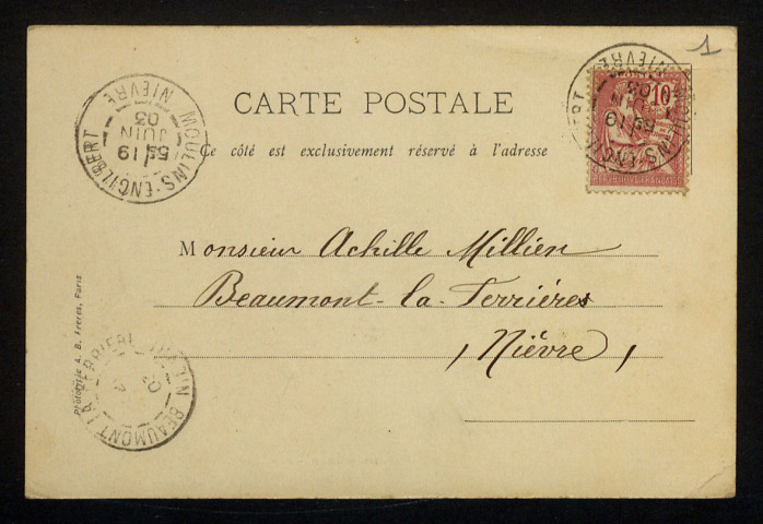 LAPLACE (Charles), éditeur à Moulins-Engilbert (Nièvre) : 2 cartes postales illustrées.
