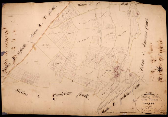 Varennes-lès-Narcy, cadastre ancien : plan parcellaire de la section C dite de Sourdes, feuille 3