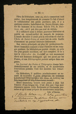 ISSANCHOU (Henri), publiciste à L'Echo de Saint-Yrieix (né en 1861) : 4 lettres, 1 texte imprimé.