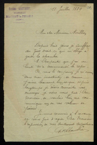 GAUTHIER (Gaston,) instituteur à Beaumont-la-Ferrière et à Champvert (Nièvre) (1860-1911) : 92 lettres.