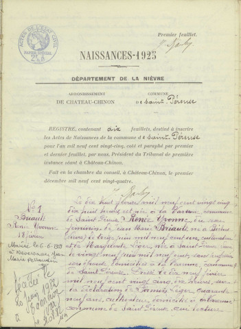 Saint-Péreuse : actes d'état civil.