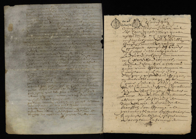 Biens et droits. - Rente hypothécaire Desprez, vente par le seigneur de Cougny (commune de Saint-Jean-aux-Amognes) à Millin garde du corps du duc d'Orléans et Brisson sa femme : copie de 1675 du contrat de constitution du 28 août 1675, copie papier de 1684 de la décharge de juillet 1684.