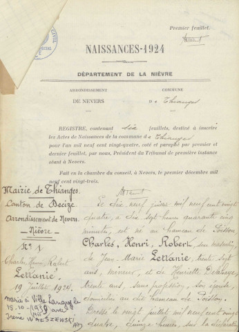 Thianges : actes d'état civil.