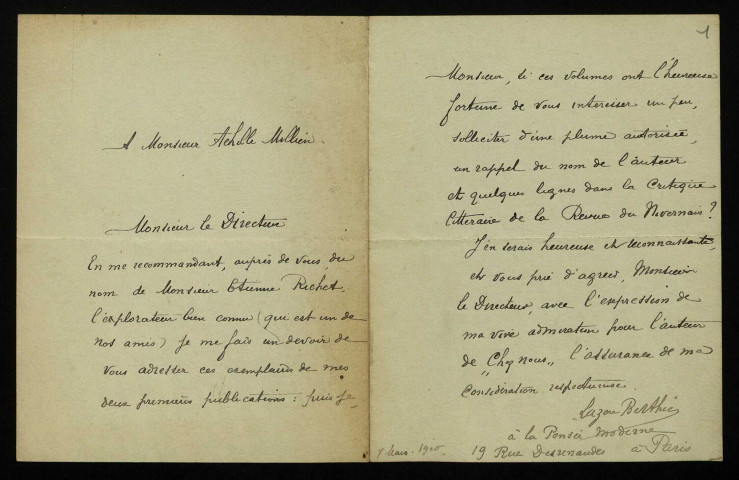 BERTHIER (Lazare), critique à La Pensée moderne : 1 lettre.