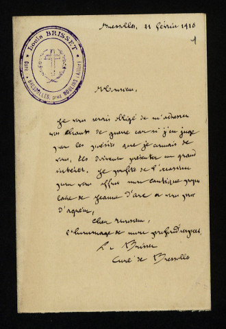 BRISSET (Louis), curé de Bressolles (Allier) : 2 lettres, manuscrit.