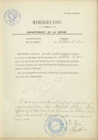 Villiers-le-Sec : actes d'état civil.