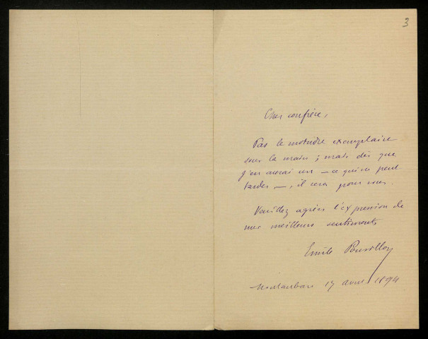 POUVILLON (Émile), écrivain à Montauban (1840-1906) : 2 lettres.