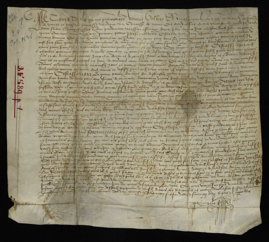 Pièce 1. - Bail à bordelage consenti par Charles Garnier, grenetier de Nevers, en faveur de Philibert Guillaume et de ses communs personniers, d'un quart du bois du Deffensot dans le fief d'Azy, indivis avec les religieuses de La Fermeté, tenant aux usages de Mousseaux, d'Azy et de Dumphlun et au bois de Chaloppe, passé devant Étienne Droit, prêtre, notaire royal.