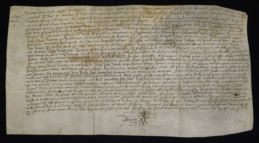 Procédure. - Foncier (place tenant au chemin royal) à Saint-Vérain, vente par Verain Simon et sa femme à Simon de Serallier, écuyer, et Françoise d'Esné sa femme : lettres de justice des échevins de Saint-Vérain (mars 1519), note analytique (XXe siècle).