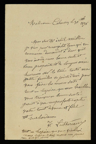 LUTHEREAU (Toussaint), à Malicorne, commune de Colméry (Nièvre) (né en 1825) : 8 lettres.