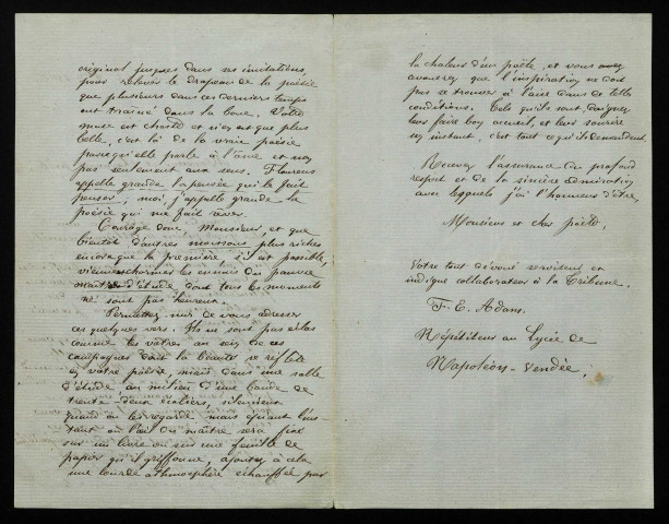 ADAM (François Étienne), poète (1833-1902) : 5 lettres, manuscrits.