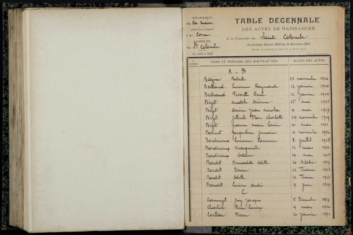 Sainte-Colombe-des-Bois : table décennale.