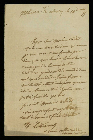 LUTHEREAU (Toussaint), à Malicorne, commune de Colméry (Nièvre) (né en 1825) : 8 lettres.