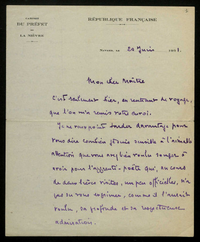 MANGIN (Francis), chef de cabinet de préfecture à Nevers : 1 lettre.