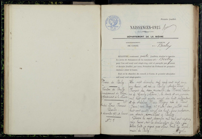 Bulcy : actes d'état civil.