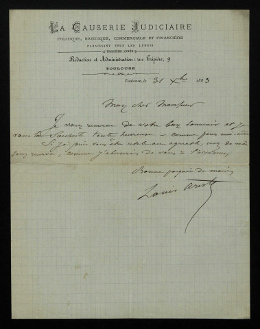 ARISTE (Louis), publiciste à Toulouse : 1 lettre.