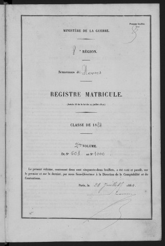 Bureau de Nevers, classe 1884 : fiches matricules n° 501 à 1000