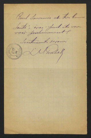 CHATELAIN-BERTRON (Louis), filleul d'Achille Millien, enfant assisté de la Seine placé à Beaumont-la-Ferrière, domestique puis employé aux Postes, Léonie et Paul, sa femme et son fils, à Devay et à Saint-Laurent (Nièvre) : 56 lettres.