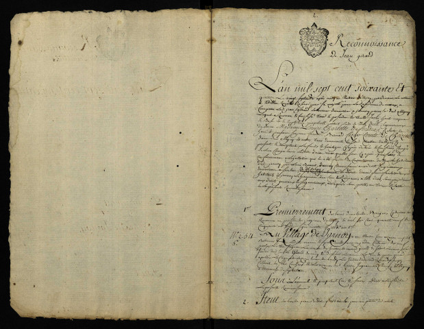 Seigneurie d'Alligny-en-Morvan : minute du terrier pour Louise Charlotte de Foudras, veuve de François Bernard César de Choiseul, dame d'Alligny.