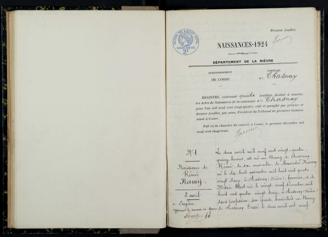 Chasnay : actes d'état civil.