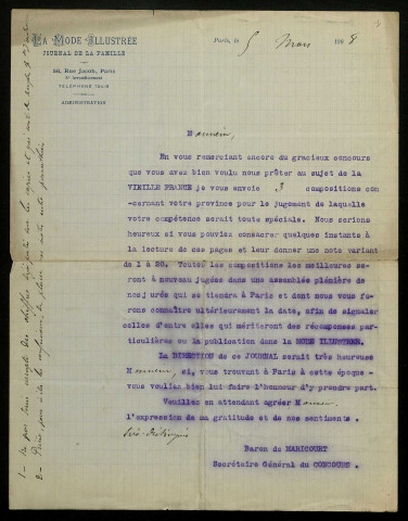 MARICOURT (André, baron de), historien, rédacteur à La Mode Illustrée (1874-1945) : 3 lettres.