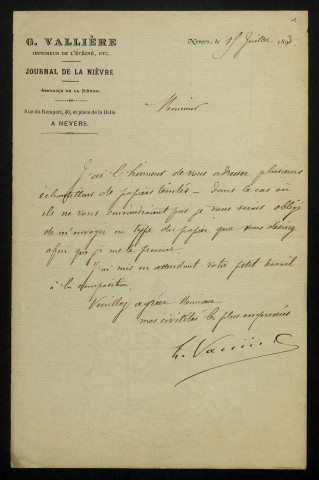 VALLIÈRE (Georges), imprimeur à Nevers : 50 lettres, factures.