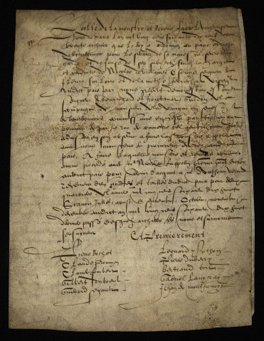 Affaires militaires. - Ban et arrière-ban, convocation des archers de la compagnie de Monsieur de Vaugrignon sénéchal de Bourbonnais pour le roi : montre des derniers quartiers de 1578 destinée au receveur des aides et tailles.