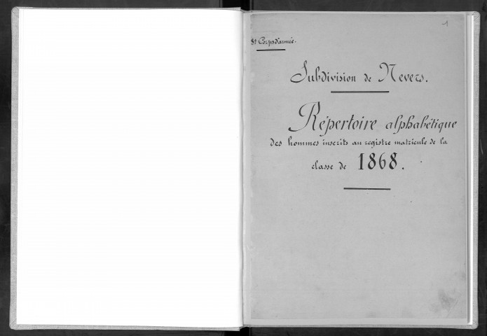 Bureau de Nevers, classe 1868 : répertoire séparé des hommes inscrits au registre matricule