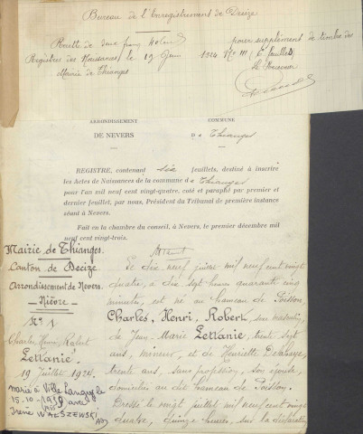 Thianges : actes d'état civil.