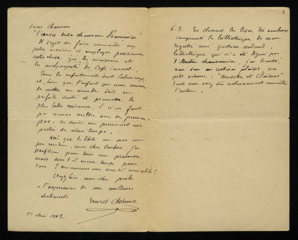 CHEBROUX (Ernest), chansonnier à Paris (né en 1840) : 2 lettres.