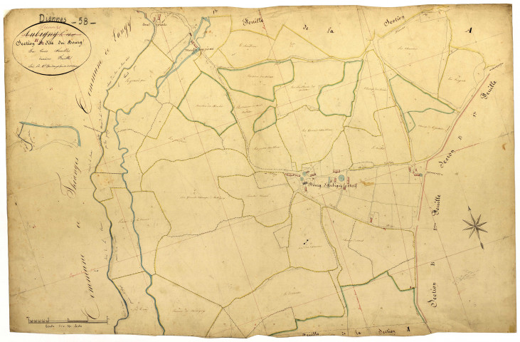 Diennes-Aubigny, cadastre ancien : plan parcellaire de la section H dite du Bourg d'Aubigny, feuille 2