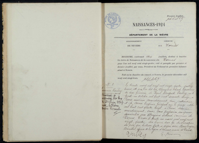 Dornes : actes d'état civil.